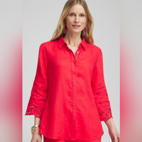Chicos Linen Eyelet 3/4 Sleeve Shirt Top Blouse Size 1, (8) - Picture 1 of 6